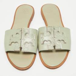 Pre Owned Tory Burch Mint Green Leather Ines Flat Slides Size 39