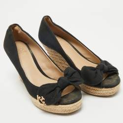 Tory Burch Black Fabric Bow Peep-Toe Espadrille Wedge Pumps Size Size 37.5