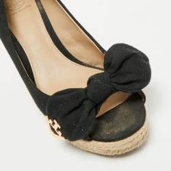 Tory Burch Black Fabric Bow Peep-Toe Espadrille Wedge Pumps Size Size 37.5