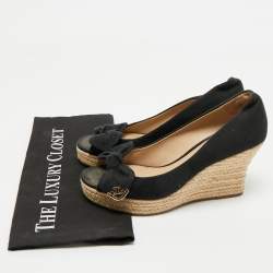 Tory Burch Black Fabric Bow Peep-Toe Espadrille Wedge Pumps Size Size 37.5
