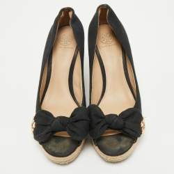 Tory Burch Black Fabric Bow Peep-Toe Espadrille Wedge Pumps Size Size 37.5