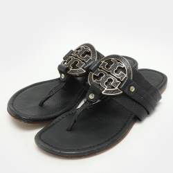 Pre Owned Tory Burch Black Leather Amanda Thong Flat Sandals Size 38