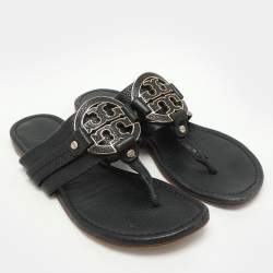 Pre Owned Tory Burch Black Leather Amanda Thong Flat Sandals Size 38