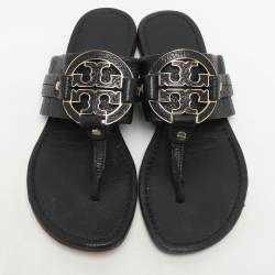 Pre Owned Tory Burch Black Leather Amanda Thong Flat Sandals Size 38