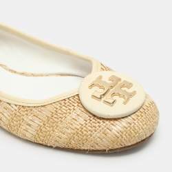 Pre Owned Tory Burch Beige/Cream Raffia and Leather Reva Ballet Flats Size 38