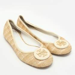 Pre Owned Tory Burch Beige/Cream Raffia and Leather Reva Ballet Flats Size 38