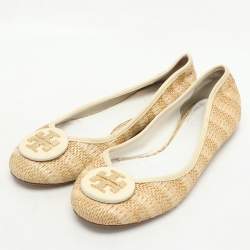 Pre Owned Tory Burch Beige/Cream Raffia and Leather Reva Ballet Flats Size 38