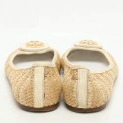 Pre Owned Tory Burch Beige/Cream Raffia and Leather Reva Ballet Flats Size 38
