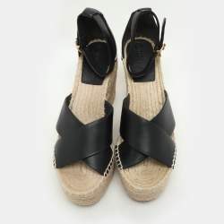 Pre Owned Tory Burch Black Leather Cross Strap Wedge Espadrille Sandals Size 38