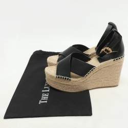 Pre Owned Tory Burch Black Leather Cross Strap Wedge Espadrille Sandals Size 38