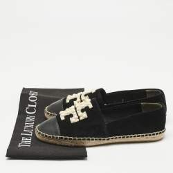 Pre Owned Tory Burch Black Leather and Suede Slip On Espadrille Flats Size 37