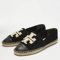Pre Owned Tory Burch Black Leather and Suede Slip On Espadrille Flats Size 37