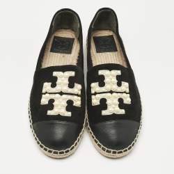 Pre Owned Tory Burch Black Leather and Suede Slip On Espadrille Flats Size 37