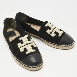 Pre Owned Tory Burch Black Leather and Suede Slip On Espadrille Flats Size 37