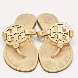Pre Owned Tory Burch Metallic Gold Leather Miller Flat Thong Sandals Size 37