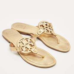 Pre Owned Tory Burch Metallic Gold Leather Miller Flat Thong Sandals Size 37