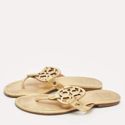 Pre Owned Tory Burch Metallic Gold Leather Miller Flat Thong Sandals Size 37