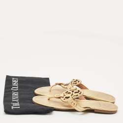 Pre Owned Tory Burch Metallic Gold Leather Miller Flat Thong Sandals Size 37