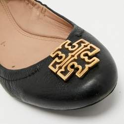 Pre Owned Tory Burch Black Leather Melinda Scrunch Ballet Flats Size 36