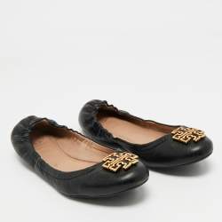 Pre Owned Tory Burch Black Leather Melinda Scrunch Ballet Flats Size 36