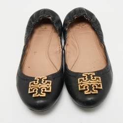 Pre Owned Tory Burch Black Leather Melinda Scrunch Ballet Flats Size 36