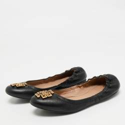 Pre Owned Tory Burch Black Leather Melinda Scrunch Ballet Flats Size 36