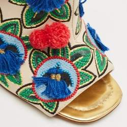 Pre Owned Tory Burch Multicolor Leather and Embroidered Fabric Pom Pom Open Toe Mules Size 38