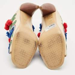 Pre Owned Tory Burch Multicolor Leather and Embroidered Fabric Pom Pom Open Toe Mules Size 38