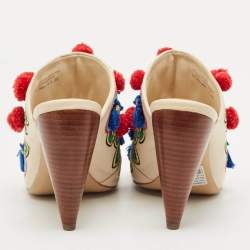 Pre Owned Tory Burch Multicolor Leather and Embroidered Fabric Pom Pom Open Toe Mules Size 38