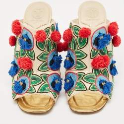 Pre Owned Tory Burch Multicolor Leather and Embroidered Fabric Pom Pom Open Toe Mules Size 38