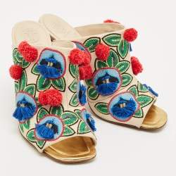 Pre Owned Tory Burch Multicolor Leather and Embroidered Fabric Pom Pom Open Toe Mules Size 38