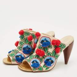 Pre Owned Tory Burch Multicolor Leather and Embroidered Fabric Pom Pom Open Toe Mules Size 38