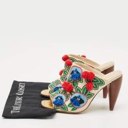 Pre Owned Tory Burch Multicolor Leather and Embroidered Fabric Pom Pom Open Toe Mules Size 38