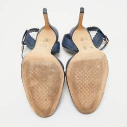 Pre Owned Tory Burch Navy Blue Leather Floral Scalloped Marguerite Ankle Strap Sandals Size 38