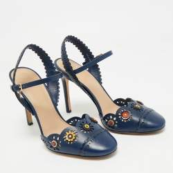 Pre Owned Tory Burch Navy Blue Leather Floral Scalloped Marguerite Ankle Strap Sandals Size 38
