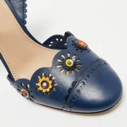 Pre Owned Tory Burch Navy Blue Leather Floral Scalloped Marguerite Ankle Strap Sandals Size 38