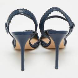 Pre Owned Tory Burch Navy Blue Leather Floral Scalloped Marguerite Ankle Strap Sandals Size 38