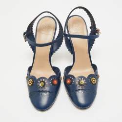 Pre Owned Tory Burch Navy Blue Leather Floral Scalloped Marguerite Ankle Strap Sandals Size 38