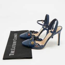 Pre Owned Tory Burch Navy Blue Leather Floral Scalloped Marguerite Ankle Strap Sandals Size 38