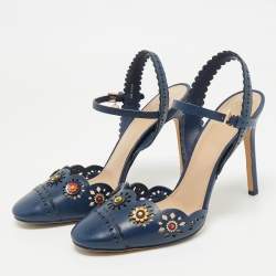 Pre Owned Tory Burch Navy Blue Leather Floral Scalloped Marguerite Ankle Strap Sandals Size 38