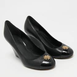 Pre Owned Tory Burch Black Leather Amanda  Wedge Pumps Size 35.5