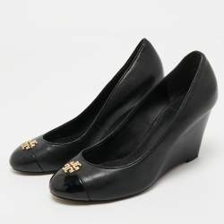 Pre Owned Tory Burch Black Leather Amanda  Wedge Pumps Size 35.5