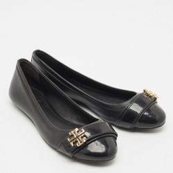 Pre Owned Tory Burch Black Leather Minnie Ballet Flats Size 37.5