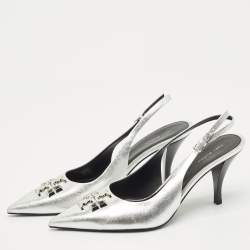 Pre Owned حذاء كعب عالي توري برش إليانور حزام خلفي مقدمة مدببة جلد فضي معدني مقاس 39