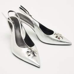 Pre Owned حذاء كعب عالي توري برش إليانور حزام خلفي مقدمة مدببة جلد فضي معدني مقاس 39