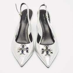 Pre Owned حذاء كعب عالي توري برش إليانور حزام خلفي مقدمة مدببة جلد فضي معدني مقاس 39