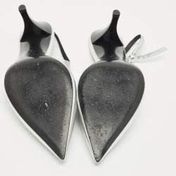 Pre Owned حذاء كعب عالي توري برش إليانور حزام خلفي مقدمة مدببة جلد فضي معدني مقاس 39