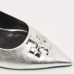 Pre Owned حذاء كعب عالي توري برش إليانور حزام خلفي مقدمة مدببة جلد فضي معدني مقاس 39