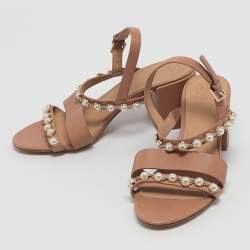 Pre Owned Tory Burch Brown Leather Emmy Pearl Ankle Strap Sandals Size 37