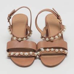 Pre Owned Tory Burch Brown Leather Emmy Pearl Ankle Strap Sandals Size 37